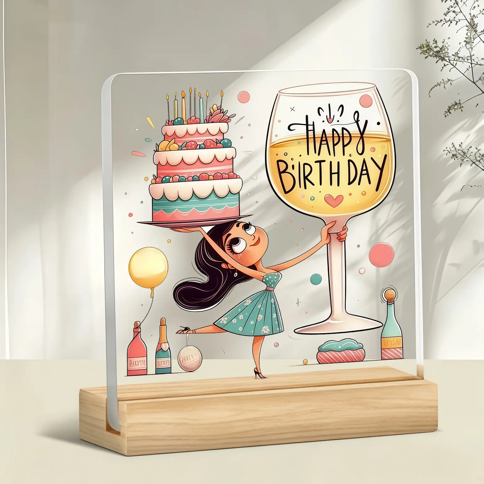 Happy Birthday Cartoon Girl Wine Glass Cake Acrylic Desk Sign With Wooden Stand, Birthday Tabletop Plaque, Party Decor, Birthday Gift For Women Friends
