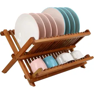 Teak Dish Drainer Rack Collapsible 2 Tier Dish Rack Dish Drying Rack Foldable Plate Organizer Holder for Kitchen Compact