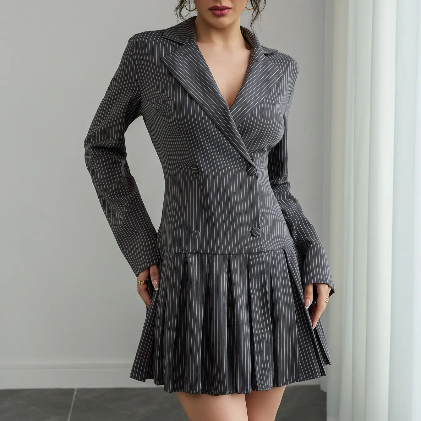 Women's Preppy Elegant Pleated Striped Short designer Dresses, Casual Button Long Sleeve event drop waist graduation Dress, girls night outfit S-XL