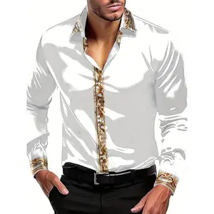 Fashion men's wear： Men's Lapel Patchwork Long Sleeve Shirts, Casual Button Up Shirt For Formal Occasions