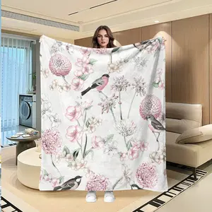 Hand Drawn Floral Bird Flannel Blanket, Background Full Print Ball Sakura & Sparrow, Soft Skin-Friendly, Bedroom Sofa Nap Warm Decorative Coverlet, Soft Cozy Blanket