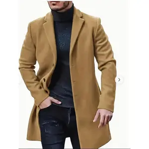 New Men'S Plus Size Casual Trench Coat, Polyester 100% Solid Color, Non-Stretch Woven Fabric, Lapel Collar, Button Detail, Loose Fit, Spring/Fall Outerwear Menswear Jackets Tops Long Sleeve