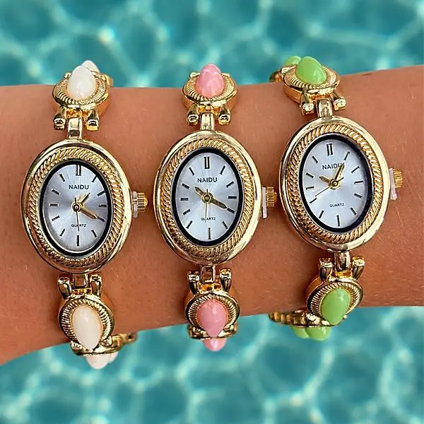 Women's Gold Watch Set of 3, Vintage Oval Stone Dainty Bracelet Watches, Pink Green & White