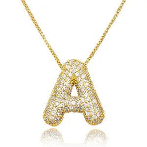 18K Bubble Letter Necklace Gold for Women, Initial Necklaces Rhinestone Chunky Bubble Letter Necklace as Birthday Gifts Charm Puff Name Pendant Alphabet Necklaces Non Tarnish Gold Plated Jewelry