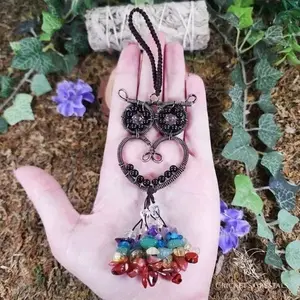 Handmade Obsidian Crystal Owl Décor with Red Jasper, Orange Aventurine, Citrine, Turquoise Howlite, Amethyst and Clear Quartz Chips