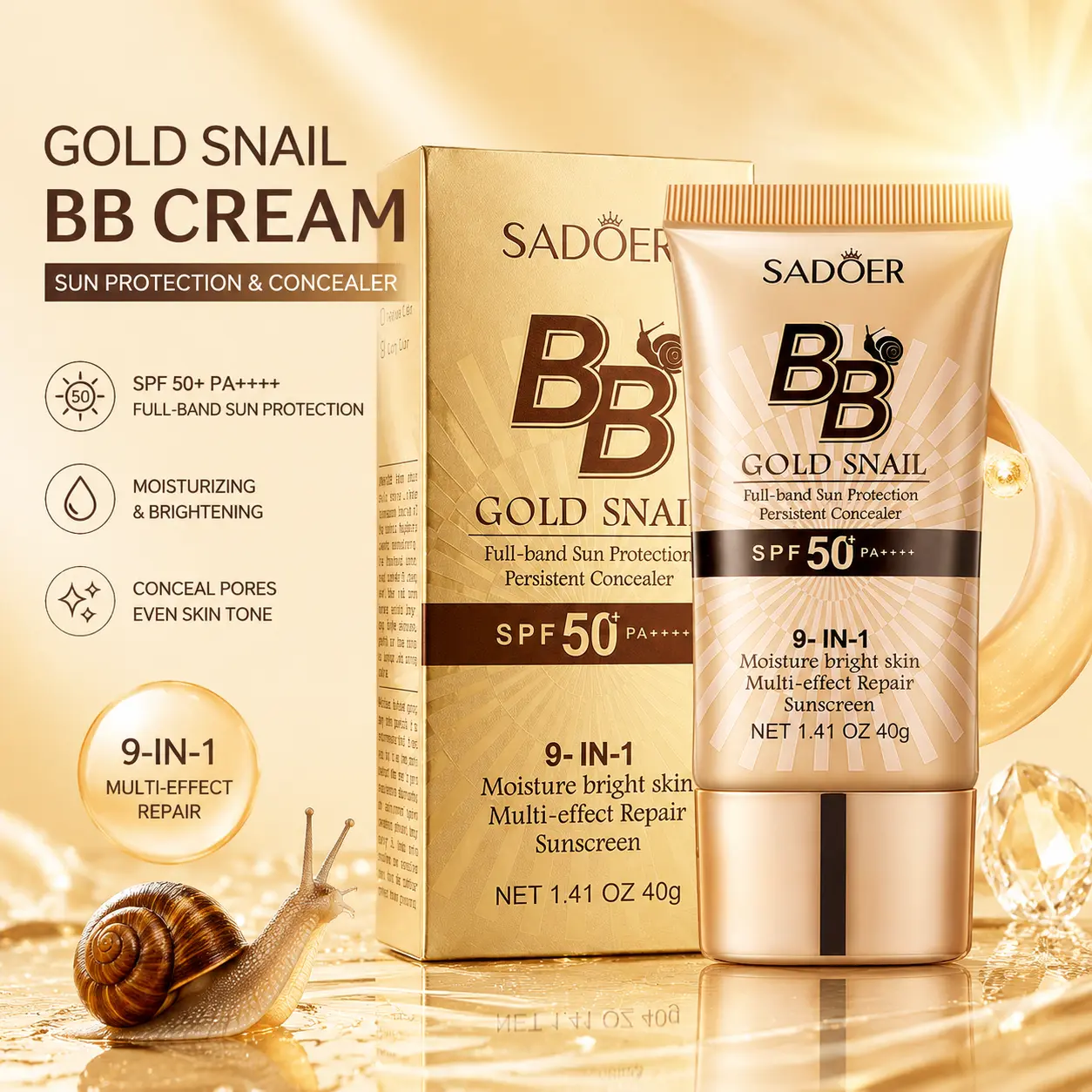 Premium Tinted Gold Snail BB Cream 40g SPF50+ PA++++ - Full Coverage Concealer & Foundation, Sun Protection, Moisture-Locking Brightening Blurring Face Cream for Even Skin Tone & Flawless Makeup, Tinted Bb Cream, Premium Bb Cream