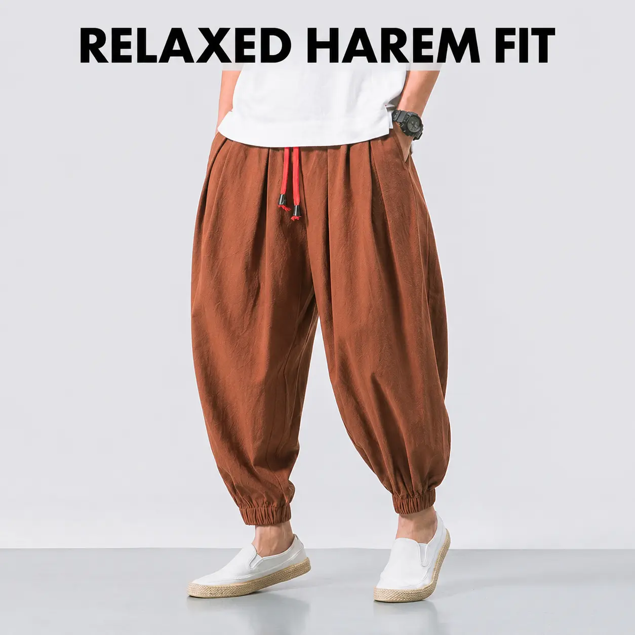 Men’s Loose Harem Jogger Pants, Baggy Balloon Pants with Drawstring Elastic Waist, Tapered Ankle Casual Streetwear Trousers with Pockets