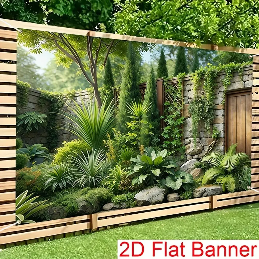 1PC,2D Flat Backdrop Tropical Green Plant Courtyard Decorative Backdrop, Festival Party Scene Decoration Background, Stone Wall Wooden Door Green Plant Landscape Backdrop, Indoor And Outdoor Festival