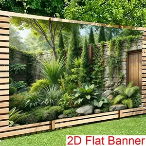 1PC,2D Flat Backdrop Tropical Green Plant Courtyard Decorative Backdrop, Festival Party Scene Decoration Background, Stone Wall Wooden Door Green Plant Landscape Backdrop, Indoor And Outdoor Festival