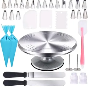 Decorating tools Supplies Kit 33 pcs Rotating Aluminium Cake Stand Set decorating Tools with 20 Icing Tips Bags 3 Icing Smoother Straight & Offset Spatula Silicone Spatula