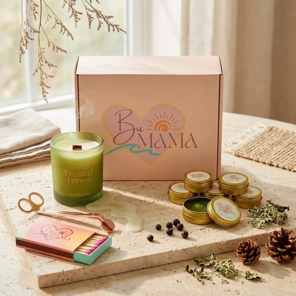 BuMama Frosted Forest Luxury Candle Gift Set - Scented Coconut Wax Candle with Wooden Spoon, Fragrance Kit, Eucalyptus Wick | Cozy Home Decor, Aroma Self-Care Holiday Gift Box