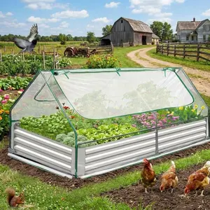 Galvanized Raised Garden Bed w/ Clear Cover, Outdoor Planter Box Kit with 2 Large Mesh Windows, Mini Greenhouse Style for Vegetables, Herbs & Seedlings