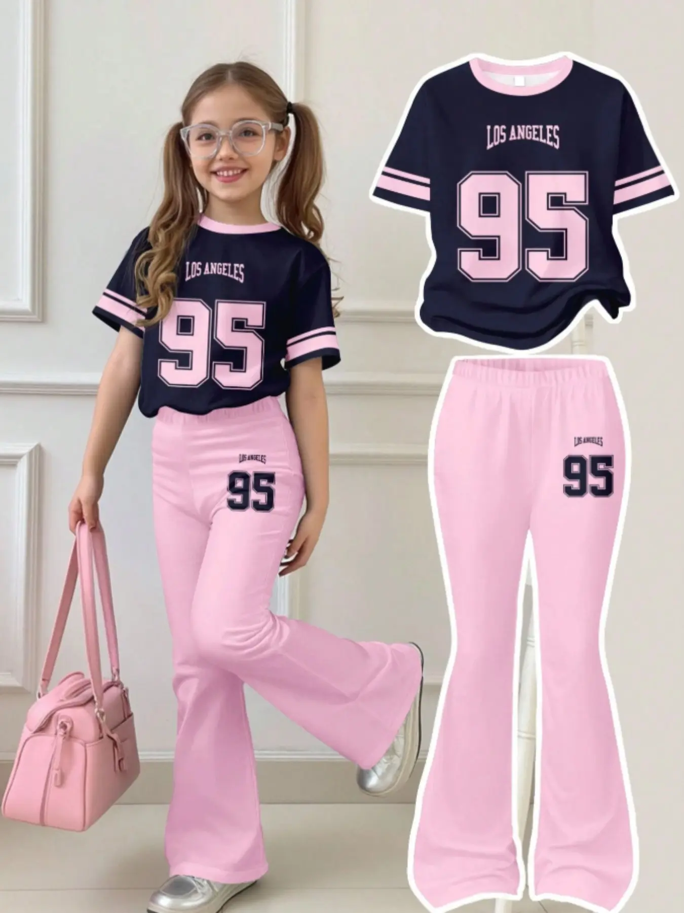 Two-Piece Set: Navy and Neon Contrast, Fashion Streetwear, Teen Girl Casual Loose Round Neck T-Shirt and Bell Pants, Spring Summer