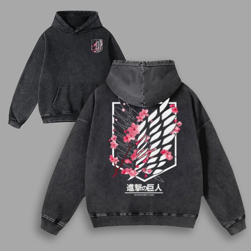 Attack on Titan Survey Corps Sakura Crest Vintage Washed Hoodie Unisex Oversize Heavyweight Cotton Manga Graphic Crewneck Soft Tops Natural Shade Pullover Anime Gift
