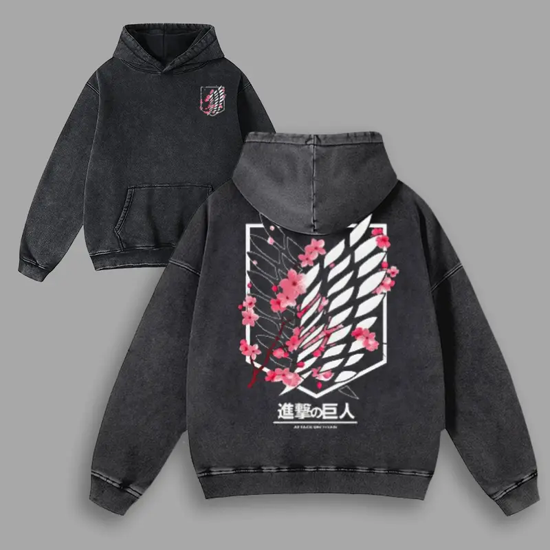 Attack on Titan Survey Corps Sakura Crest Vintage Washed Hoodie Unisex Oversize Heavyweight Cotton Manga Graphic Crewneck Soft Tops Natural Shade Pullover Anime Gift