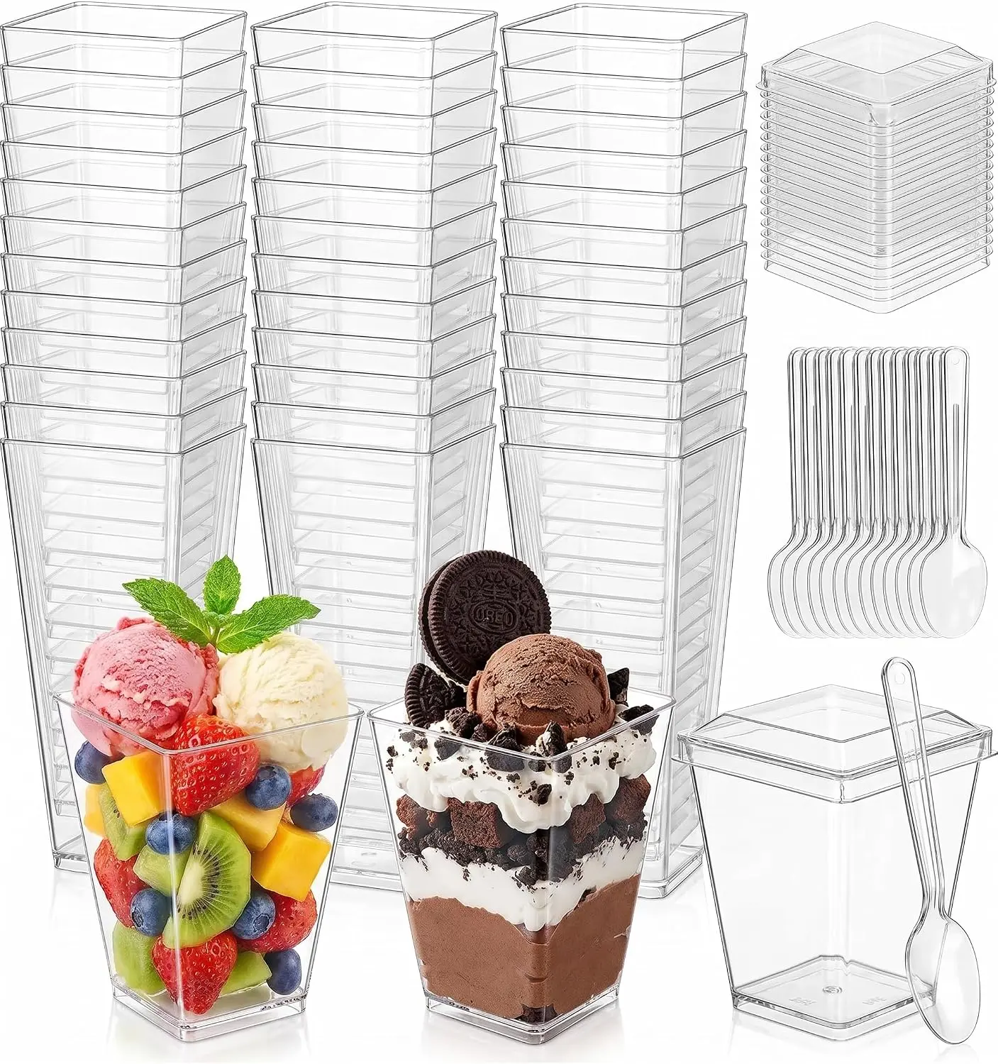 50 Pcs 5 oz Clear Plastic Dessert Cups with Lids & Spoons, Reusable Parfait & Appetizer Cups, Mini Dessert Shooters for Pudding, Yogurt, Jello, Ice Cream, Trifle & Fruit, For Party & Wedding