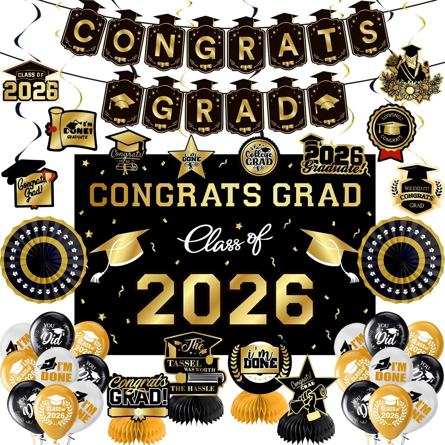 Graduation Decorations 2026  Themed Set, Congrats Grad Banner Class of 2026 Backdrop Balloons and Streamers Kit High School and College Graduation Party Supplies