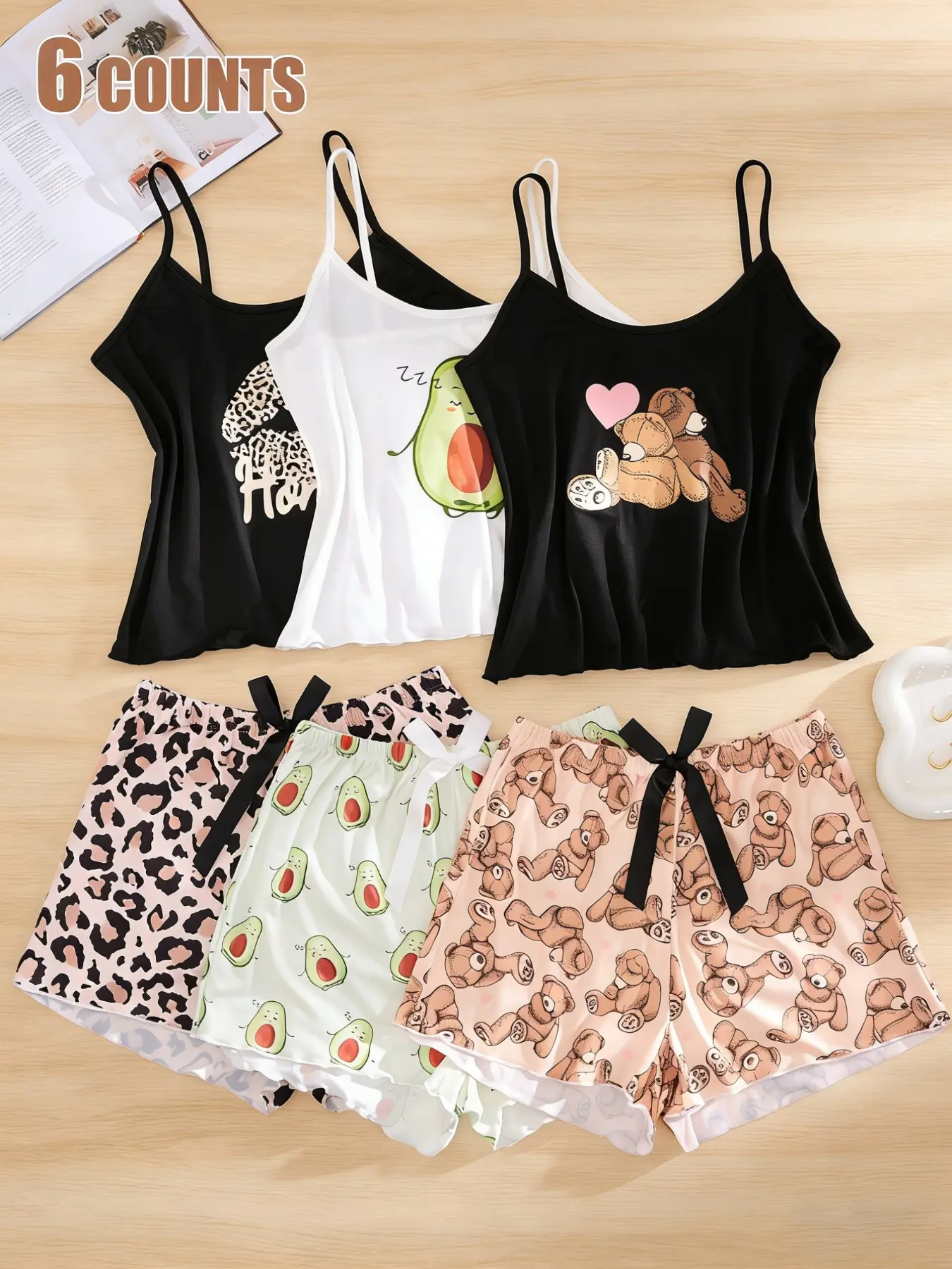 Women's Cartoon Print Crop Cami Top & Shorts Pyjama Set, Casual Comfy Cami Top & Shorts PJ Set, Women's Sleepwear for All Seasons