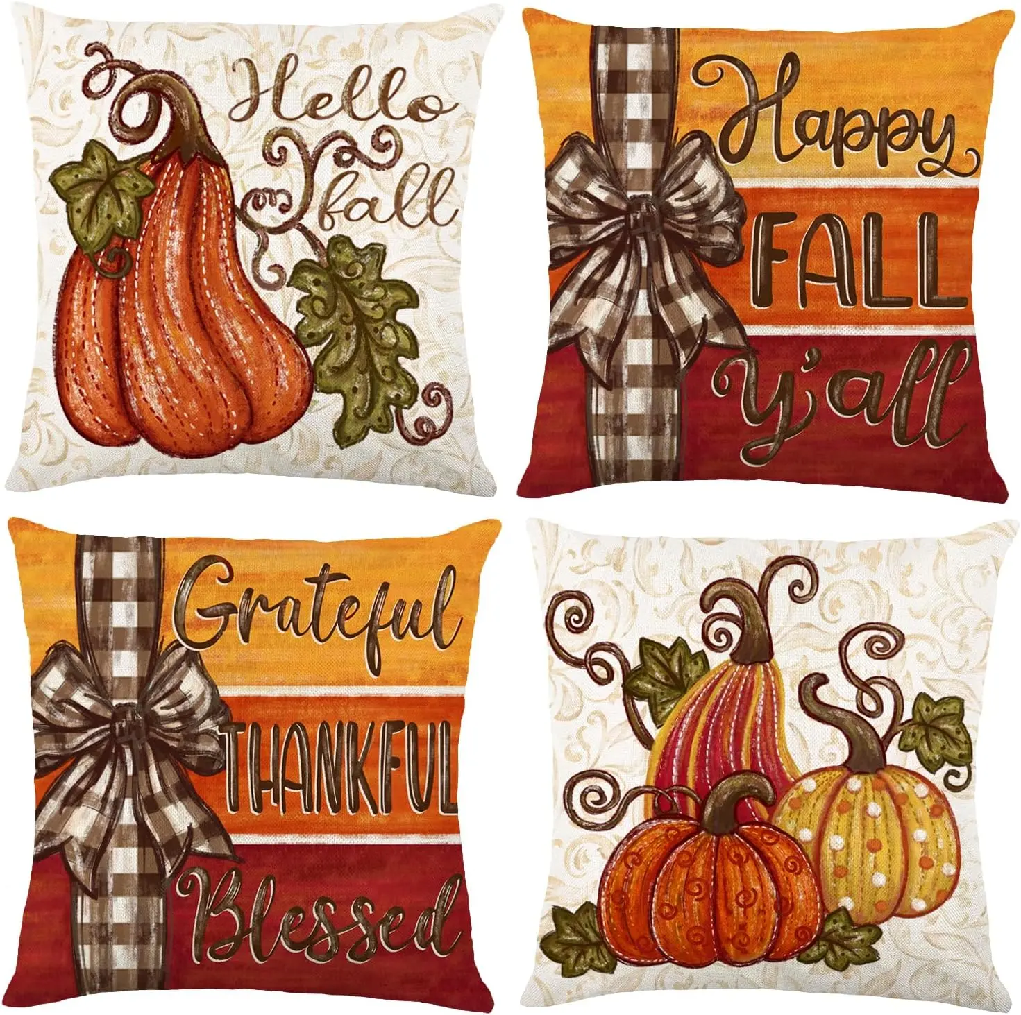 4 count Fall Thanksgiving Pillow Covers 18x18in, Pumpkin Happy Fall Thankful Grateful Blessed Harvest Leaves Decorations Autumn Seasonal Throw Cushion Case for Farmhouse  Sofa Couch