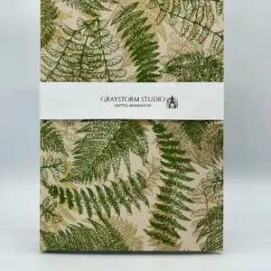 Silkscreen Green and Gold Ferns on Lokta, Handcrafted B5 Hardcover Notebook
