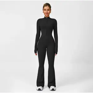 Seamless Long Sleeve Flared Jumpsuit Half Zip High Neck Activewear Bodysuit for Yoga, Pilates & Everyday Wear