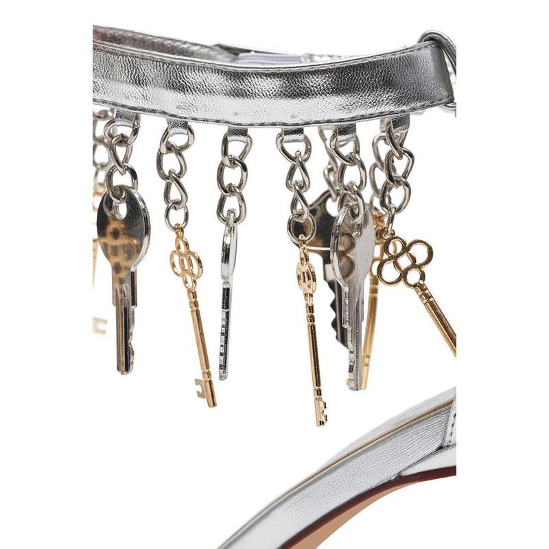 AKIRA GOLD ANNIKI SILVER KEY EMBELLISHED NOVELTY STILETTO SANDAL