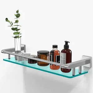 20 Inches Glass Shelf for Bathroom Brushed Nickel Glass Shelves for Wall with Smooth Stainless Steel Railing Modern Tempered Glass Organizer Shelf