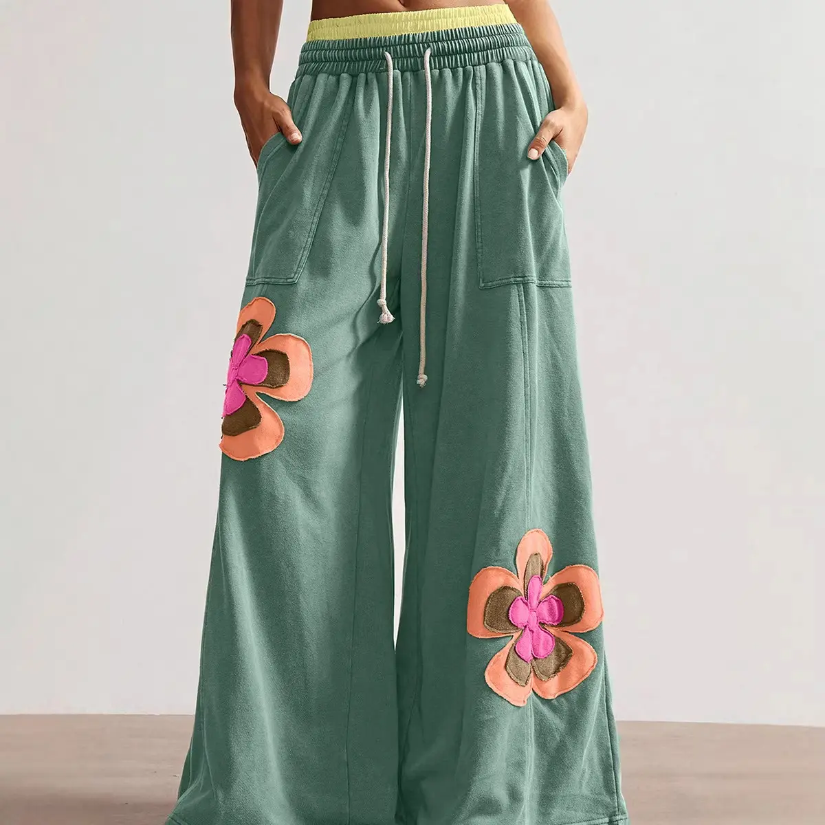 Women's Boho Hippie Embroidered Flower Patchwork Wide-Leg Pants - Comfy Elastic Waist Loose Fit Casual Bottoms, Animal Print, Floral Print, Embroidery, Plus Size, Normal Type, Animal Print Pants, Floral Print Pants