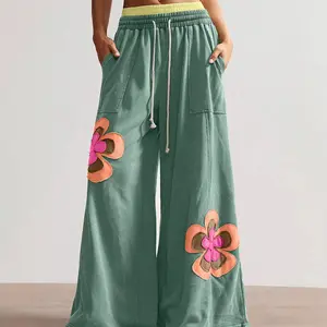 Women's Flower Patchwork Wide Leg Pants Boho Aesthetic Loose Fit Elastic Waist Straight Leg Casual Trousers