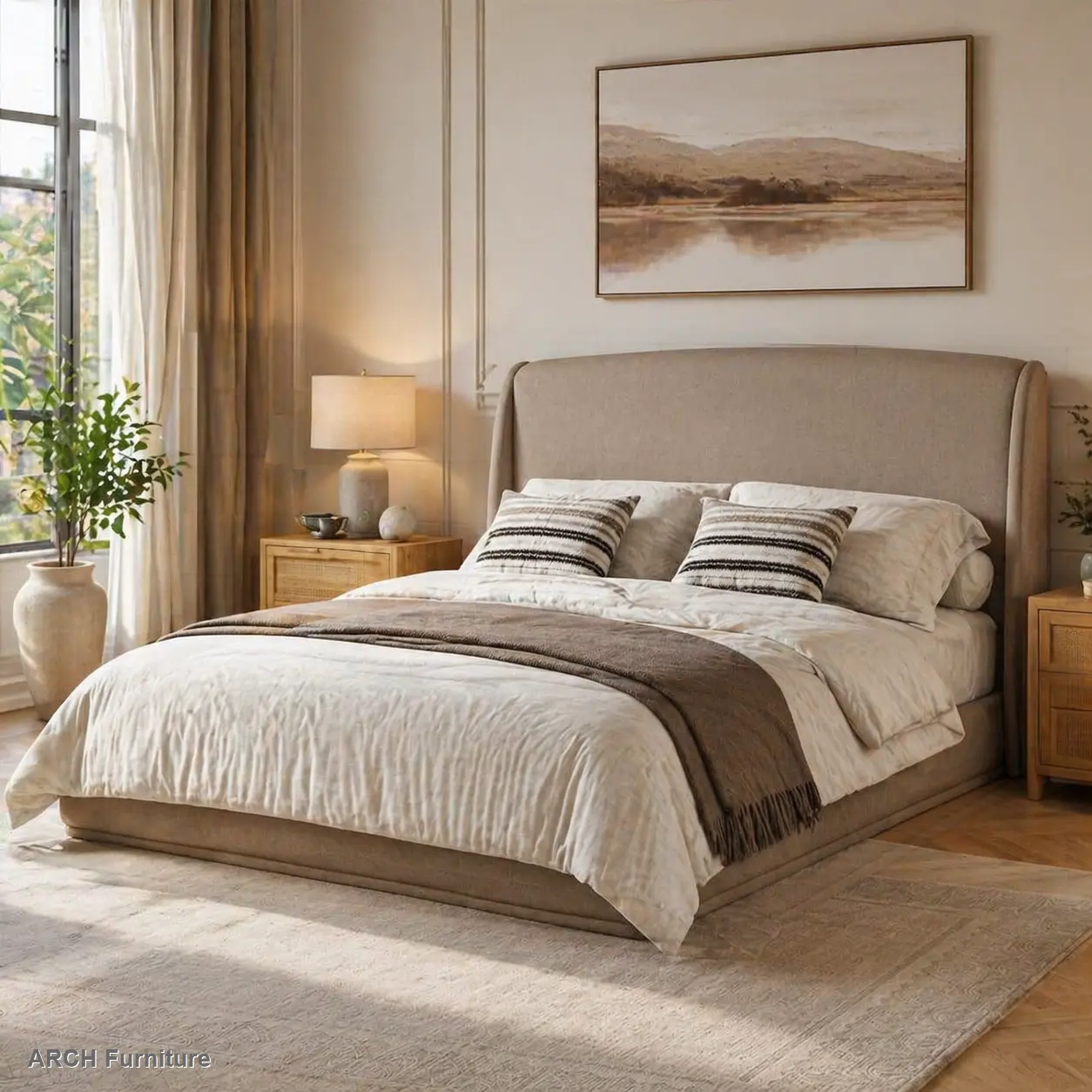 ARCH Upholstered Queen Bed Frame with Wingback Padded Headboard, Low Profile Wood-Framed Platform Bed, No Box Spring Needed, Easy Assembly, Elegant Linen Fabric, Brown, Upholstered Bed Frames