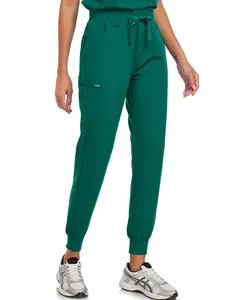 VECARDI Womens Scrub Pants Jogger 4 Way Stretch Cargo Pockets with Zipper for Nurse Medical Work Uniform Green