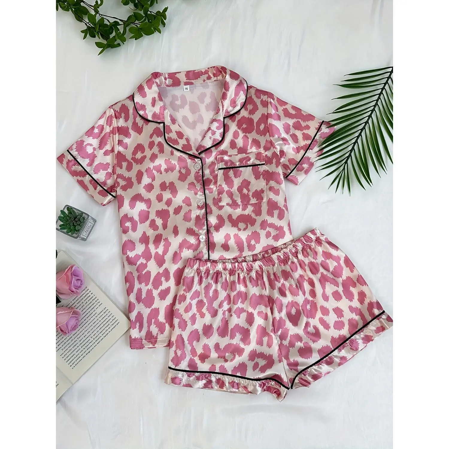 2-Piece Women's Satin Pink Leopard Print Button-Up Lapel Short-Sleeve Top and Shorts Pajama Set