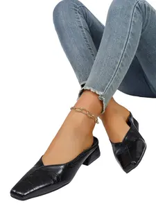 Premium Crinkle Square Toe Mule Slides, Women's Low Block Heel Shoes, Ideal for Everyday Wear & Casual Outings