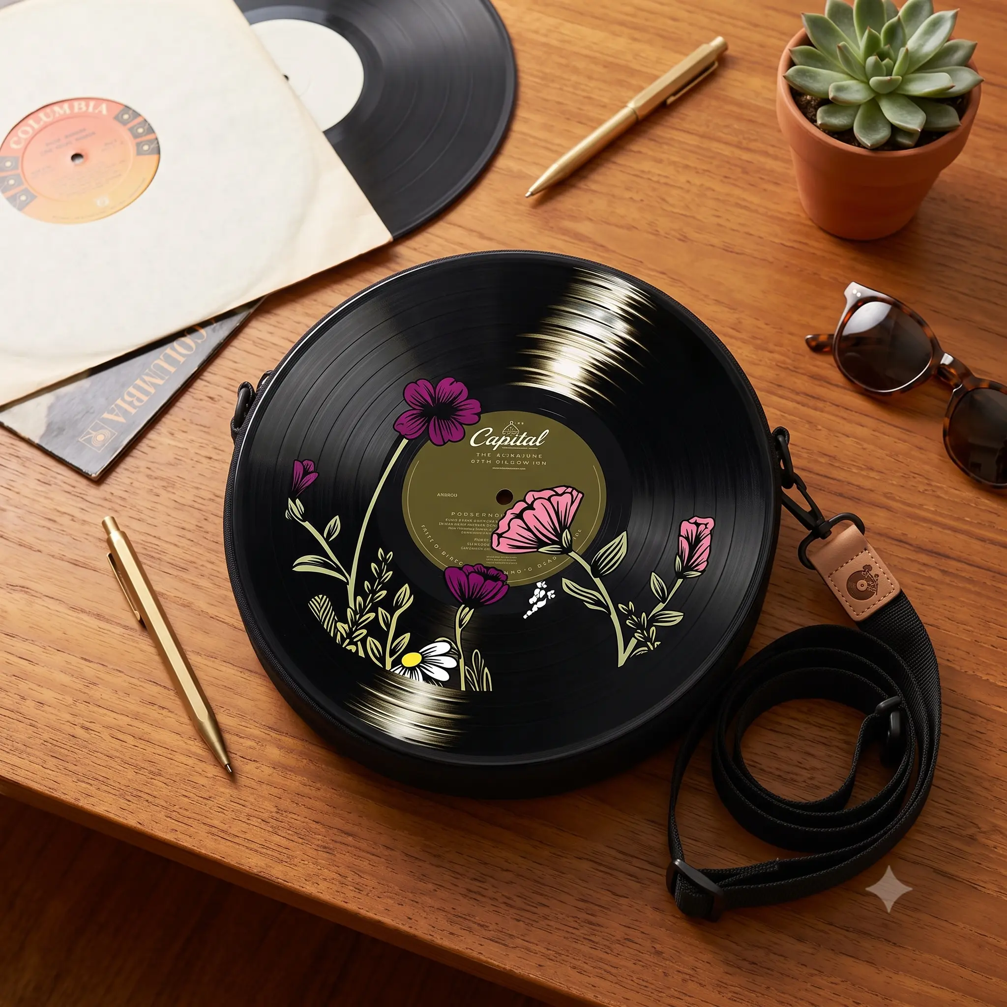 Retro Vinyl Record Crossbody Bag for Women, Circular Boho Floral Music Purse with Adjustable Strap, Polyester Statement Piece for Music Festivals, Durable Hardware