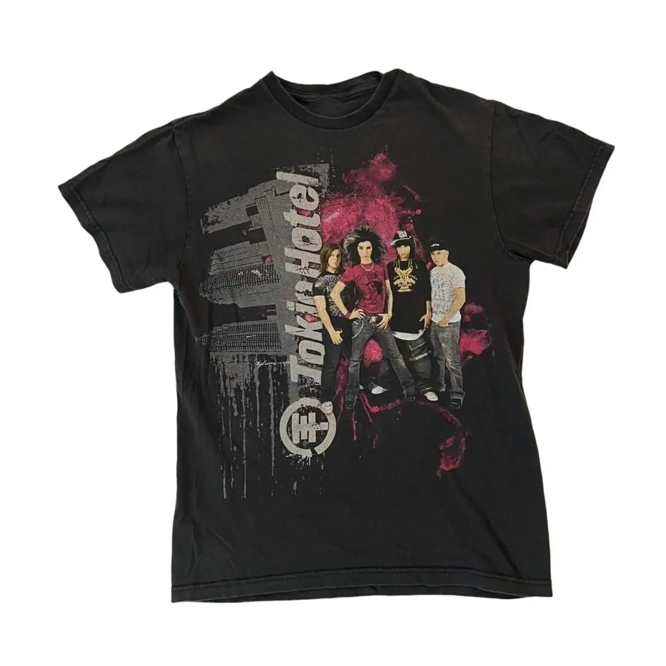 Black Tokyo Hotel band tee with graphic of four band members with pink splatter and 'Tokyo Hotel' text 1Y5