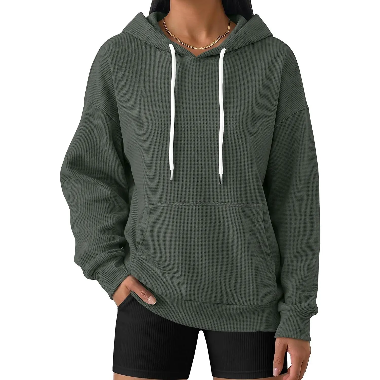 ANRABESS Women's Waffle Knit Hoodie Loose Fit Sweatshirts | Cozy Lightweight Drawstring Pullover Tops with Pocket, Daily Travel Casual Wear, Cute Fall Winter Essentials Soft Womenswear