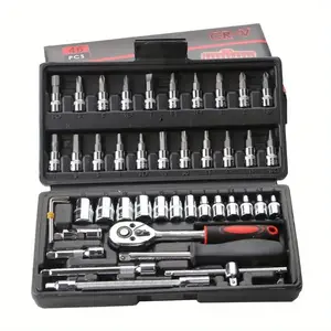 46Pcs Tool Set, Car Repair Machinery Tools, Household Machinery Tools, Car and Bicycle Repair Tools, 1/2 * 1/4 "3/8" Drive Depth and Standard Socket, Ratchet Torque Wrench Screwdriver Socket Combination Tool,Gift for Dad, Tool Box, Ratcheting Wrench Set