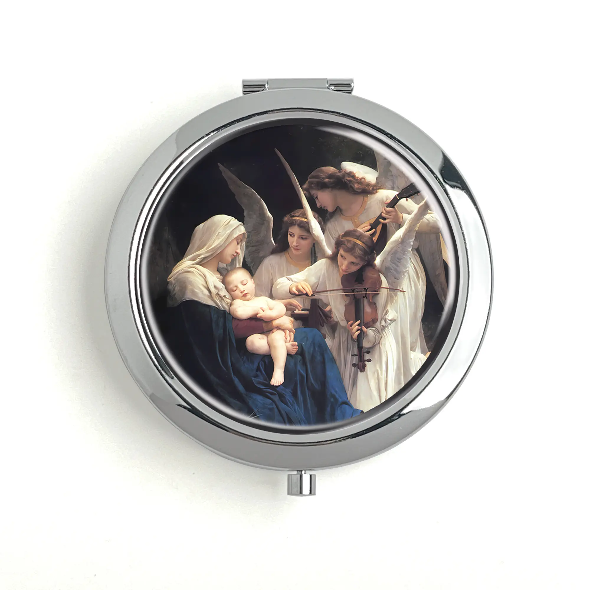 Our Lady and Angels 1881 Pill Box Travel Pill Box Vitamin Storage Box Metal Makeup Mirror with Unique Design 70mm Diameter