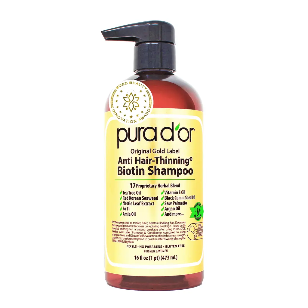PURA D’OR Original Gold Label Anti Hair-Thinning Biotin Shampoo 16oz (473ml) – Thickening Shampoo with Biotin, Red Korean Seaweed, Black Cumin Seed Oil & 17 Herbal DHT Blockers