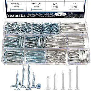 320Pcs Premium Hardware Nails & High Hardness Wood Screws Assortment Kit, 1/2"-2" 11 Sizes Phillips Drive Flat Head, Common Nails, Furniture Screw with Storage Box
