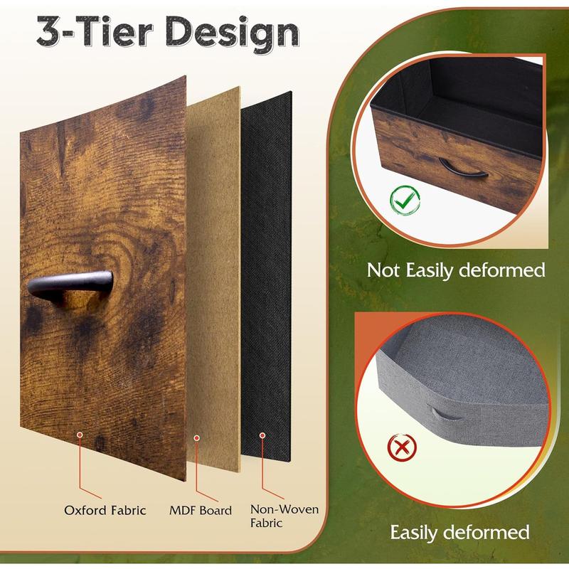 Fabric Dresser for Bedroom with Open Shelves, Tall Dresser with 8 Drawers, Storage Tower with Fabric Bins, Chest of Drawers for Closet, Hallway, Rustic Brown  Grain Print