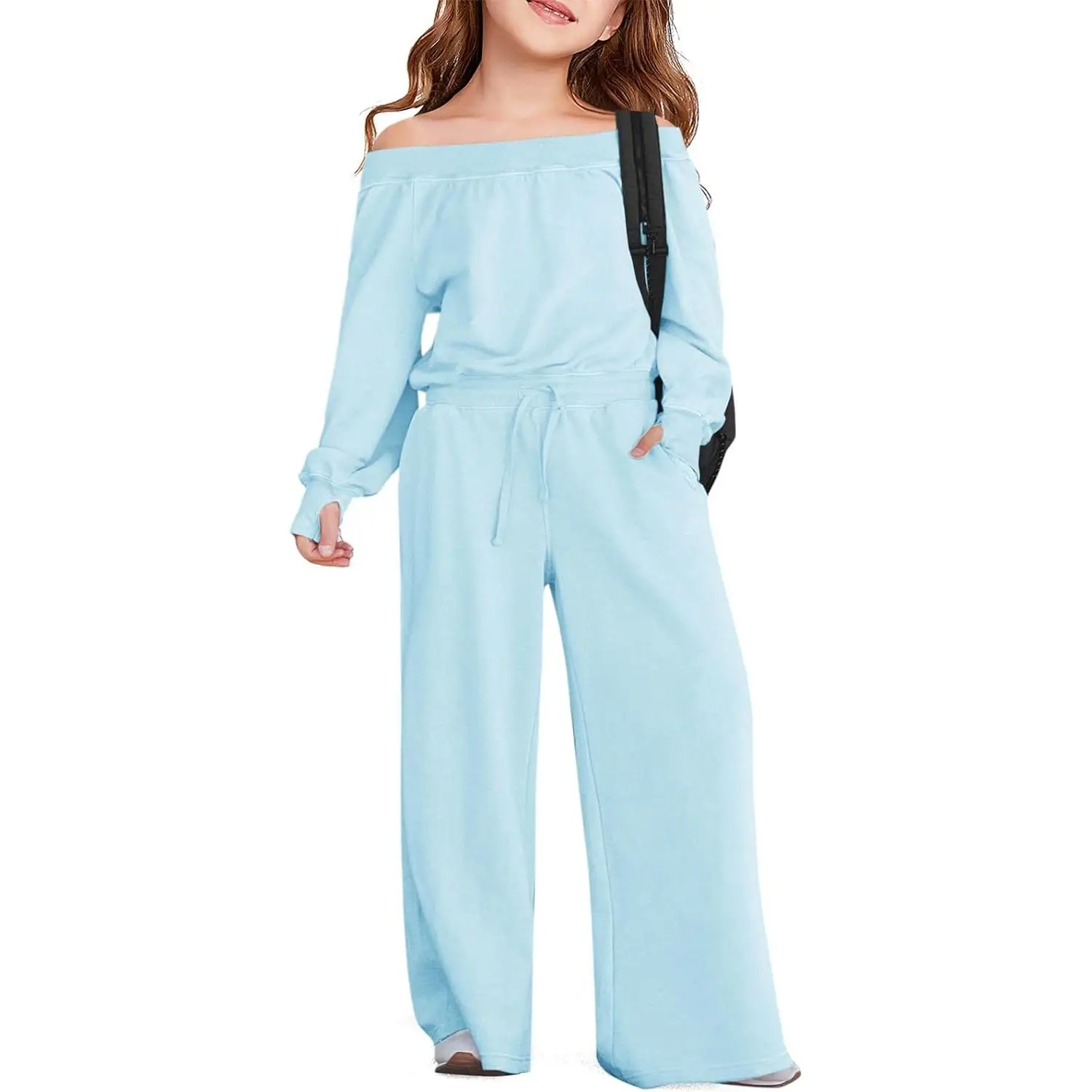 Haloumoning Girls Casual Jumpsuits Long Sleeve Off the Shoulder Wide Leg Loose Rompers with Pockets 5-14 Years