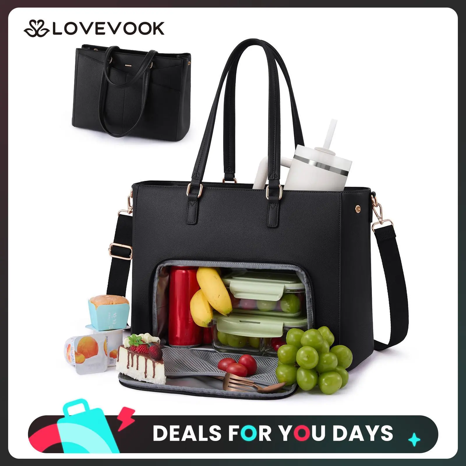 LOVEVOOK Lunch Tote Bag for Women,3 in 1 Work Bag with Leakproof Cooler Compartment, 15.6inch Laptop Bag with Large Cup Holder for Office, College, Casual, Beige-black-brown