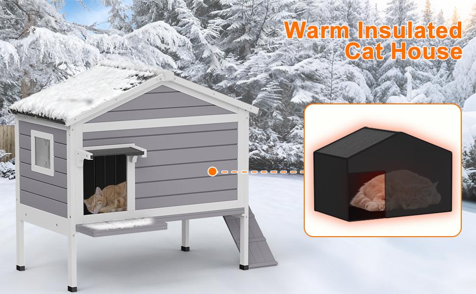 Cat House with Insulated Liner, Insulated Feral Cats Shelter Keep Warm in Winter Outsides, Easy to Install Weatherproof Outdoor Indoor Kitty House for Winter(Grey，20.08"D x 32.56"W x 35.79"H）