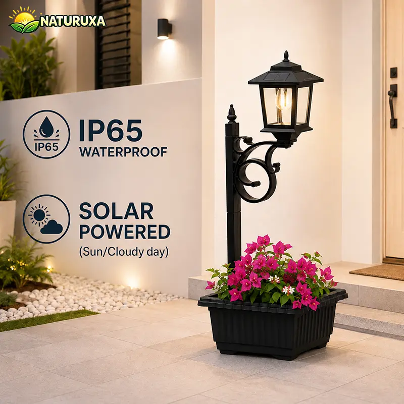Naturuxa Solar Lamp Post Light With Flowerpot - Monocrystalline Panel (50% Higher Efficiency),12H+ Continuous Lighting, IP65 Waterproof, 3000K Warm White, Non-Mosquito Attracting, Tempered Glass