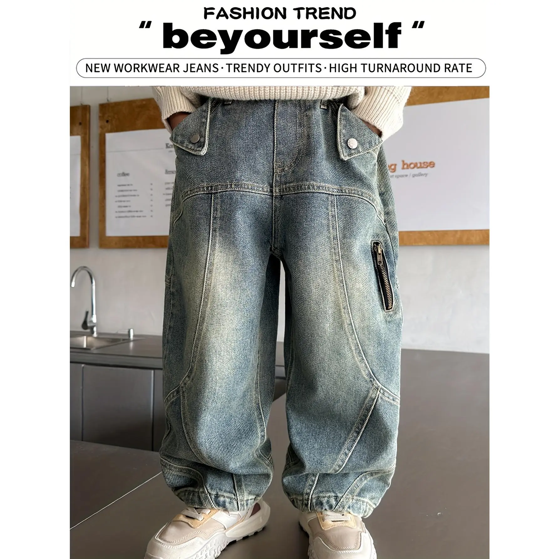 Boys' Mid-Rise Cargo Pants - Loose-Fit Cotton Blend Bottoms with Multi-Pocket Zip, American Hip-Hop Style, Nostalgic Color, Prop 65 Safe All-Season Outdoor Street Skateboarding Wear 1011