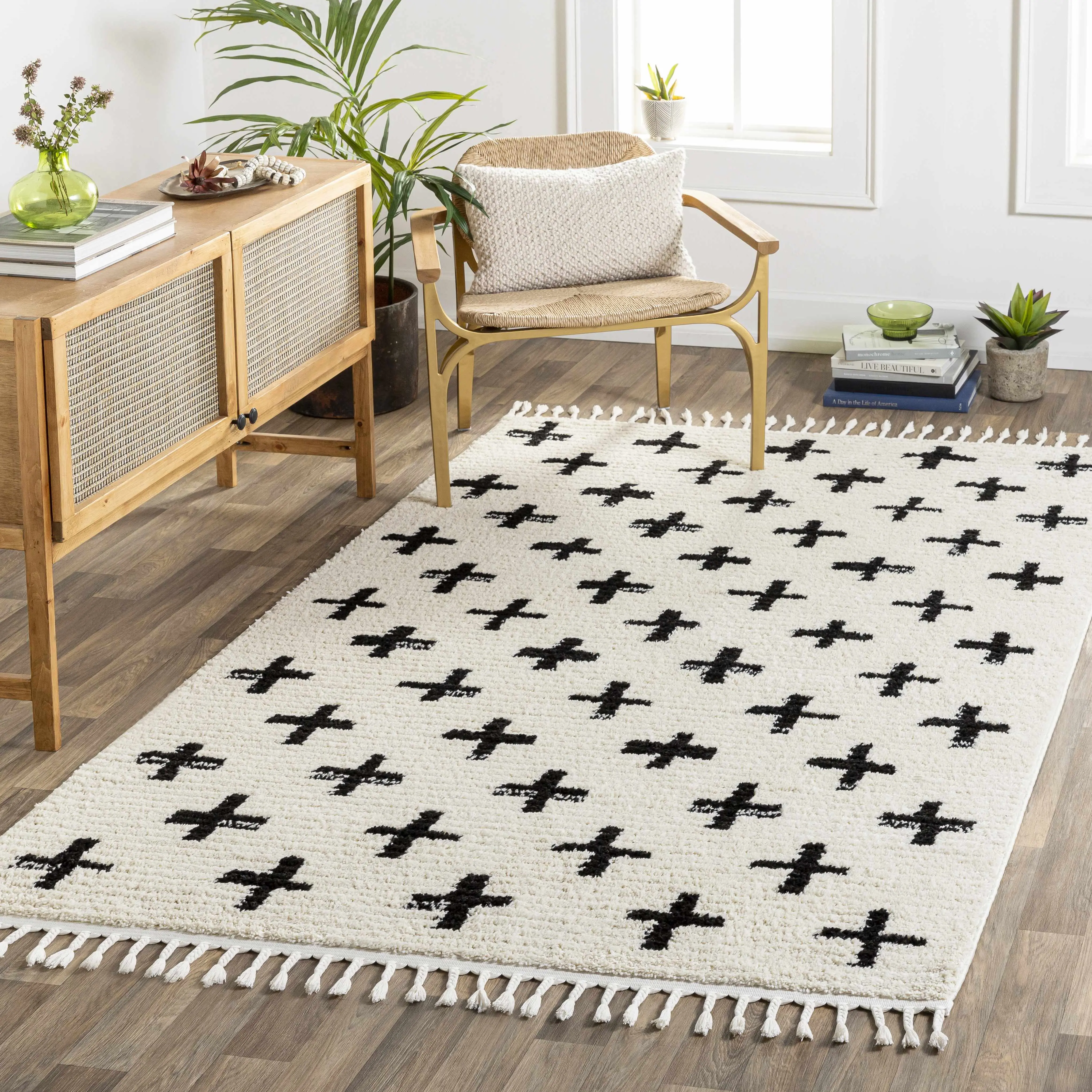 Anda Black-on-White Moroccan Plush Fluffy Area Rug, Home Decor Rug for Living Spaces, Fluffy Rug