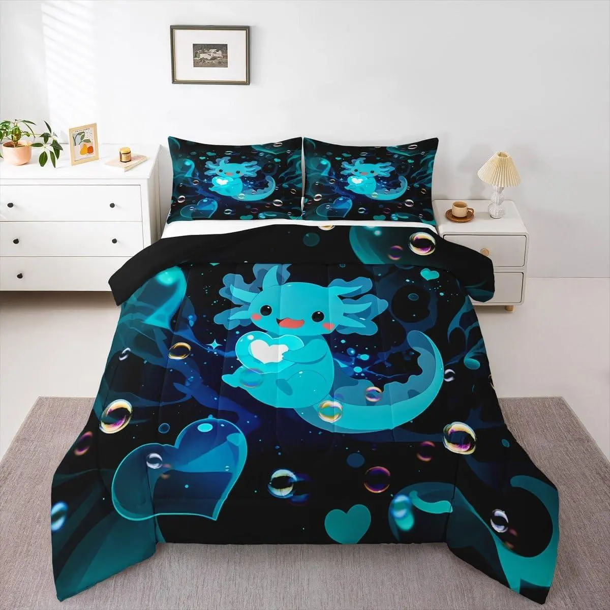 Feelyou Kawaii Axolotl Print Polyester Comforter Set - Lightweight Microfiber Bedding, U-Stitching, Ocean Creature Design, Travel-Ready for Kids, Bedroom Cozy Setup, RV Travelers Kawaii Look (Multi-Size)
