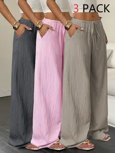 Women's Textured Wide Leg Pants, High Waist Drawstring Design, Spring & Fall Fitted Style, Solid Color, Perfect for Daily Wear