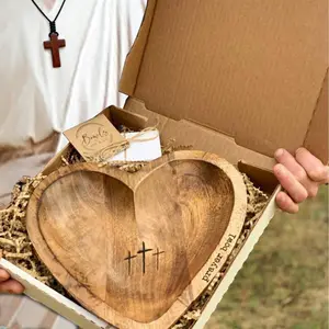 Wooden Heart Shaped Prayer Bowl with 24 Prayer Cards, Handcrafted Vintage Prayer Bowl with Cross & Letter Pattern, Religious Decorations for Home Living Room Bedroom Church, Christian Ornaments, Home Decor, New Year's Day Valentine's Day & Easter Sunday